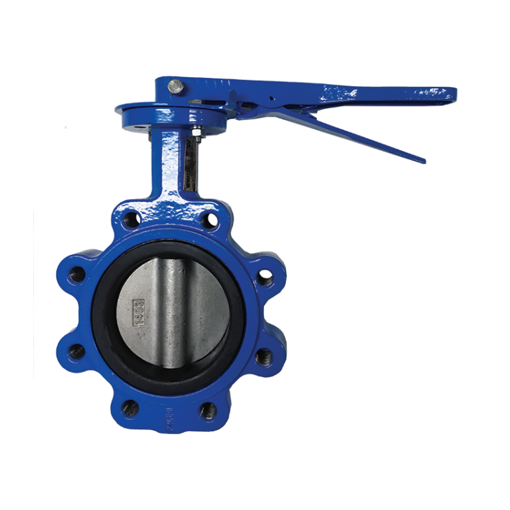 An image of a lugged butterfly valve with a lever handle.