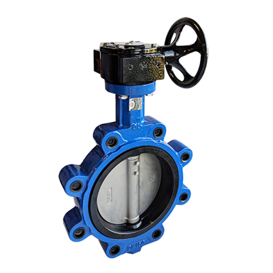 An image of a lugged butterfly valve with a gear handle.