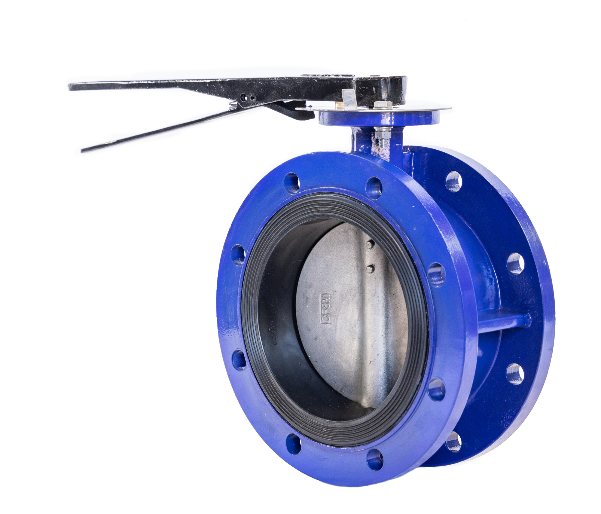 An image of a flanged butterfly valve with a lever handle.