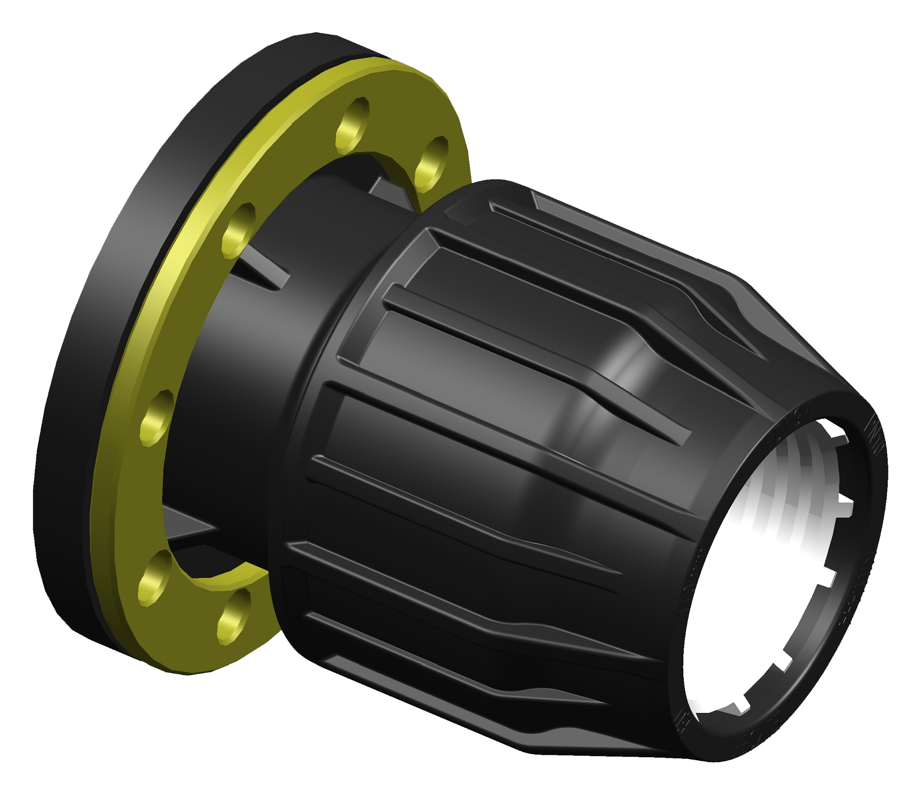 A 3D rendering of a metric compression flanged adaptor.