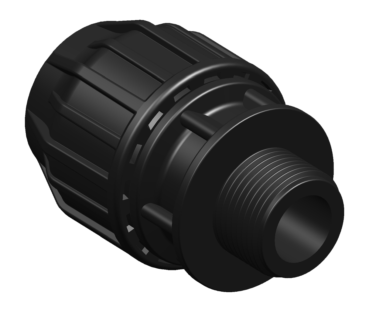 A 3D rendering of a metric compression male adaptor.