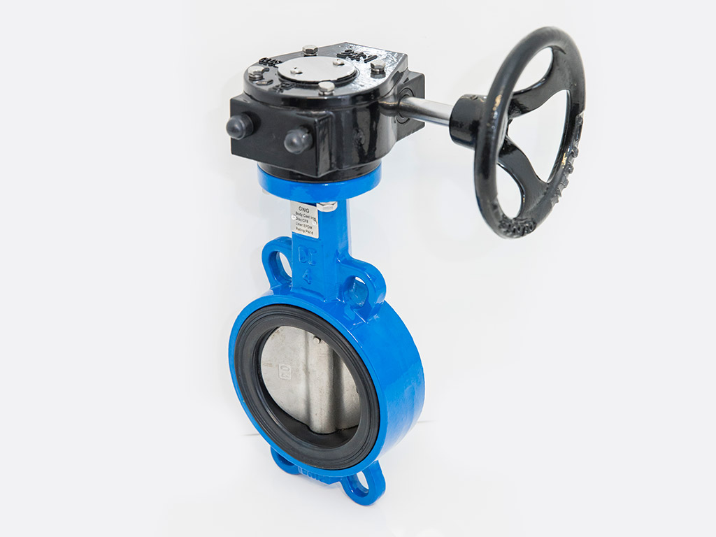 An image of a butterfly wafer valve with a gear handle.