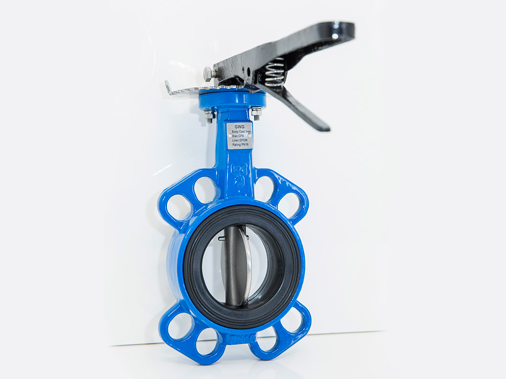 An image of a butterfly wafer valve with a lever handle.
